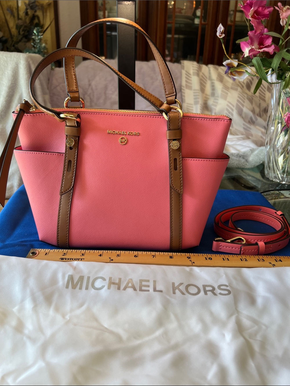 Michael Kors Coral Pink Saffiano Satchel with Brown Trim